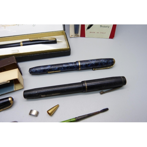 871 - A Conway Stewart 28 pen with 14ct gold nib, Sheaffer, Parker, other pens and a lighter