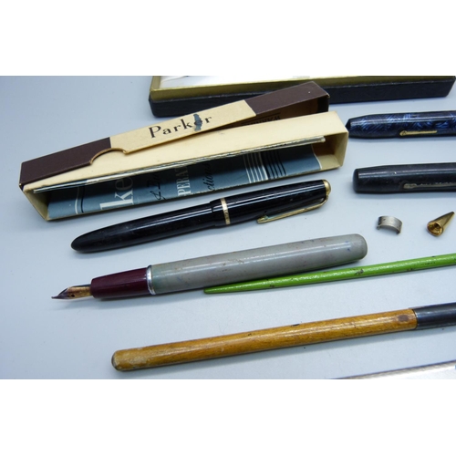 871 - A Conway Stewart 28 pen with 14ct gold nib, Sheaffer, Parker, other pens and a lighter