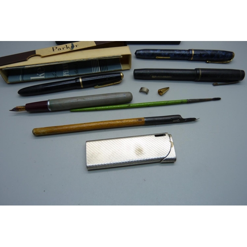 871 - A Conway Stewart 28 pen with 14ct gold nib, Sheaffer, Parker, other pens and a lighter