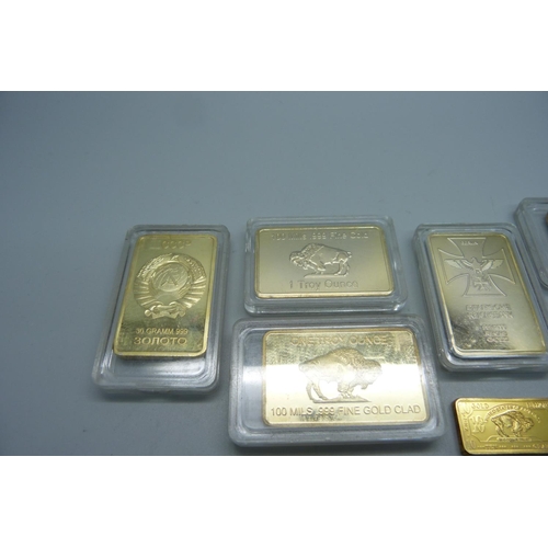 873 - Six 1oz. 999 gold clad bullion bars and one 10g bar