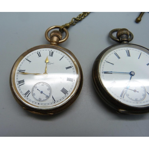 Three pocket watches; gold plated Thomas Russell & Son, silver cased ...