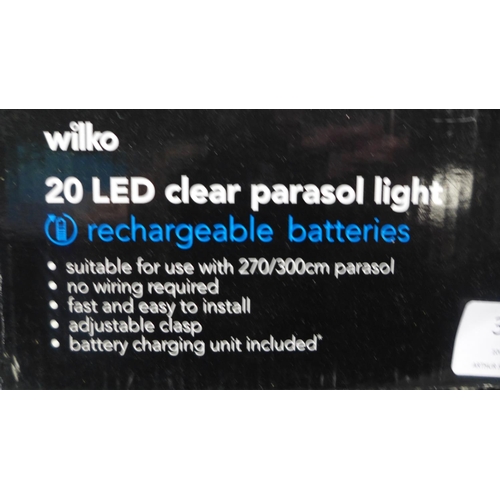 3053 - 2 Packs of LED parasol lights - 20 (clear)and 16 (black) with rechargeable batteries