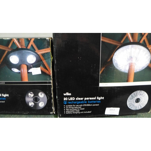 3053 - 2 Packs of LED parasol lights - 20 (clear)and 16 (black) with rechargeable batteries