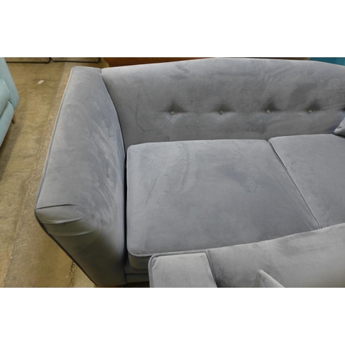 1453 - A grey velvet upholstered pair of three and two seater sofas