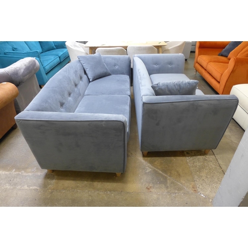 1453 - A grey velvet upholstered pair of three and two seater sofas