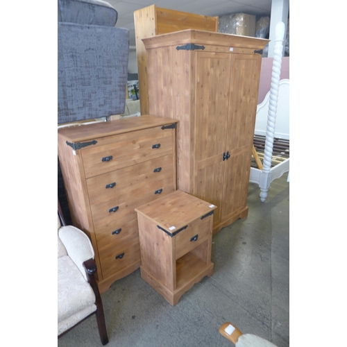 1610 - A pine effect double, full hanging wardrobe, five drawer chest and single drawer lamp table