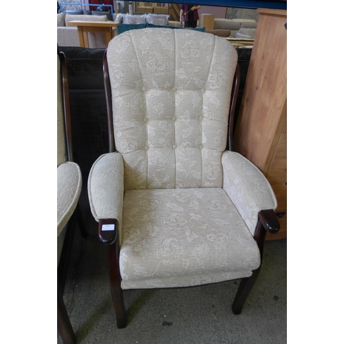 1611 - A dark stained wood and cream upholstered floral button back, two seater, high back, bench and armch... 