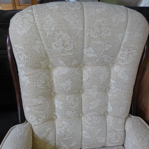 1611 - A dark stained wood and cream upholstered floral button back, two seater, high back, bench and armch... 