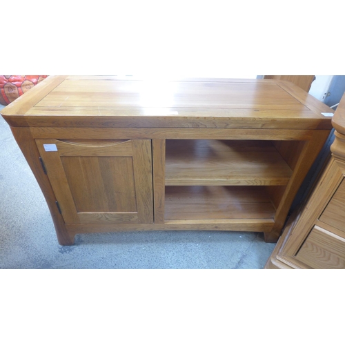 1603 - An oak single door, two shelf TV/media unit and bedside chest