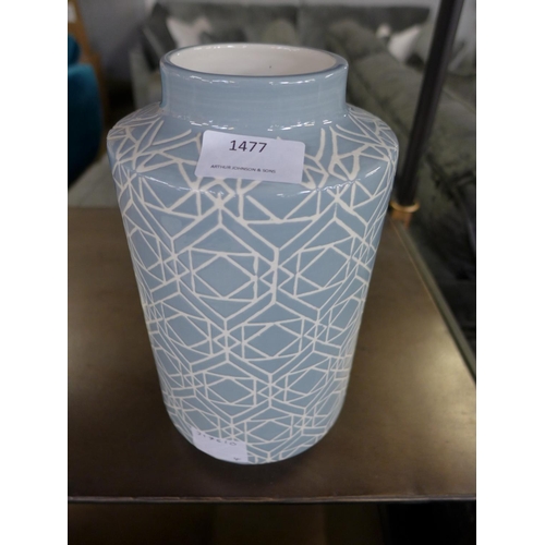 1477 - A light blue and white geometric patterned vase