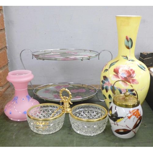 707 - Opaline vases and biscuit barrels together with glass plate, two tier cake stand, etc.