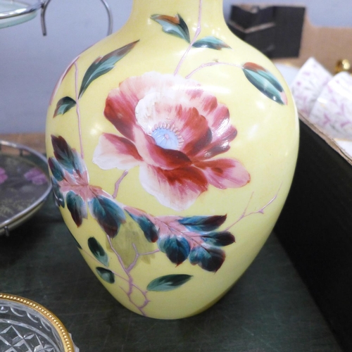 707 - Opaline vases and biscuit barrels together with glass plate, two tier cake stand, etc.