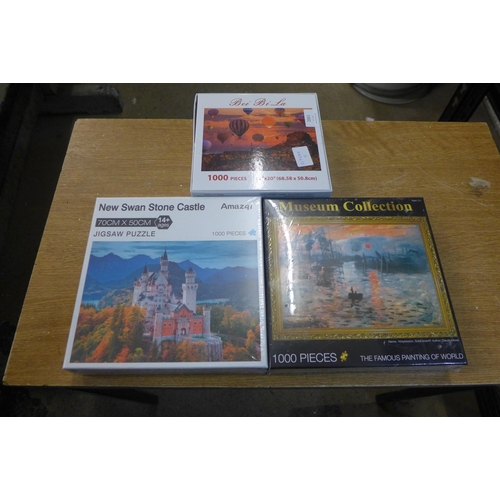 2114 - 3 x 1000 piece jigsaws: Bavarian Castle, Hot Air Balloons over Italy and Monet's Soleil Levant - sea... 