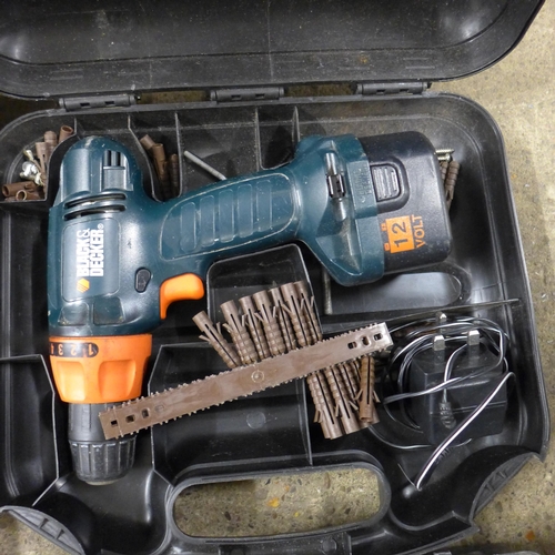 2020 - 2 Black & Decker power drills CD12C & a Cougar power drill with case of accessories (incomplete)