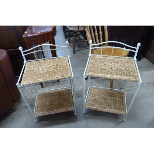 164 - A pair of Italian style cream metal and woven two tier night stands