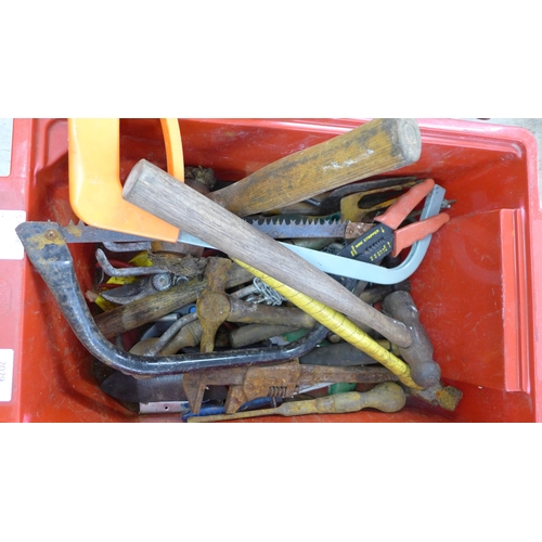 2029 - 4 Boxes of mixed hand tools inc. saws, hammers, garden tools, chisels, etc.