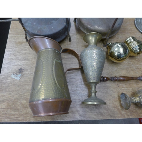 2079 - Qty. of metal & brassware items inc. stoves, candlestick holders, bed knobs, etc.