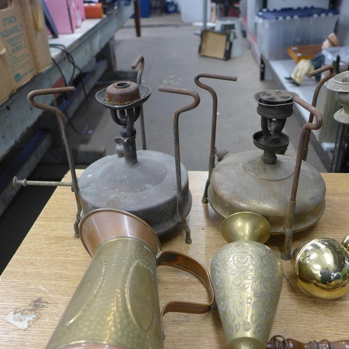 2079 - Qty. of metal & brassware items inc. stoves, candlestick holders, bed knobs, etc.