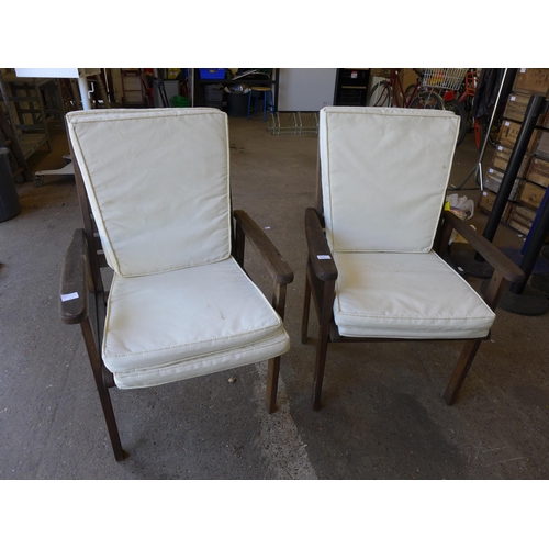 2214 - Two wooden garden chairs with cushions