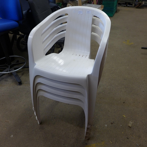 2215 - Four white plastic stackable garden chairs