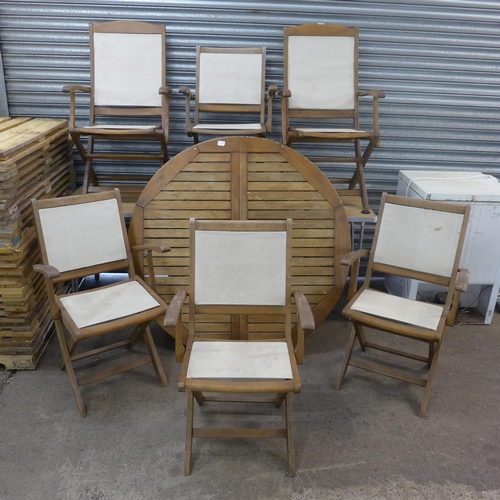 2231 - Garden furniture set - round wooden table and six chairs (table requires legs)