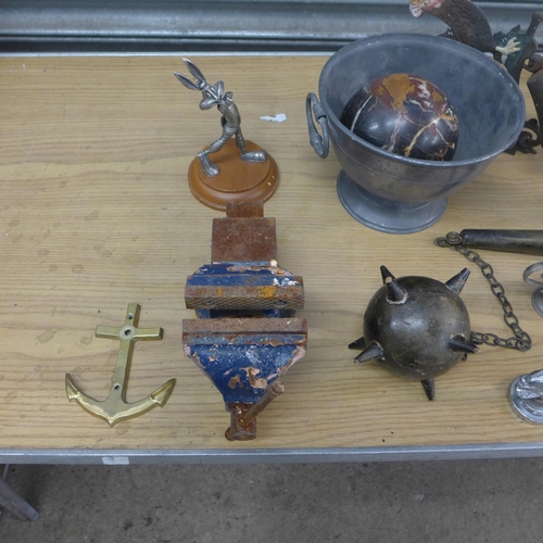 2292 - Metal ware bundle: cockerel bell, vice, blow torch, etc.