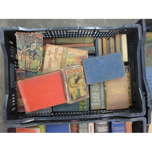 2310 - Six boxes of vintage books including Charles Dickens, Brittanias Bulwarks and books on Robin Hood