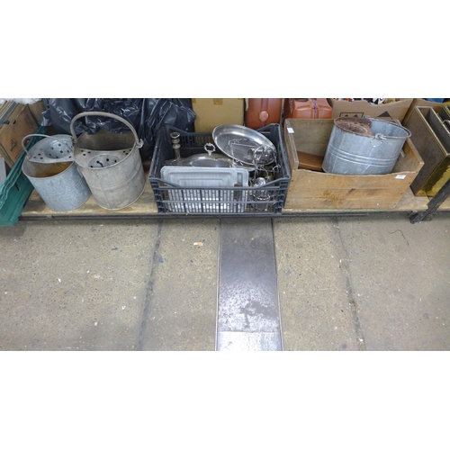 2386 - 3 Galvanised metal mop buckets, 3 brass paper racks, qty. of metalware inc. trays, teapots, dishes, ... 