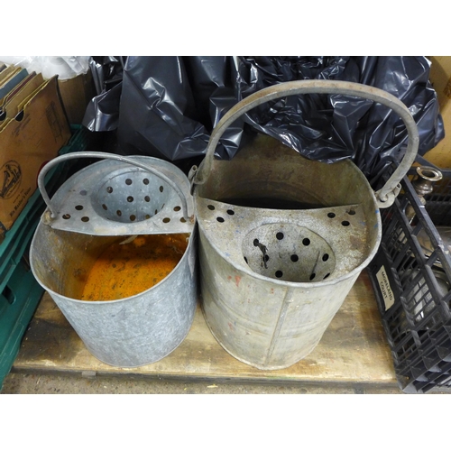 2386 - 3 Galvanised metal mop buckets, 3 brass paper racks, qty. of metalware inc. trays, teapots, dishes, ... 