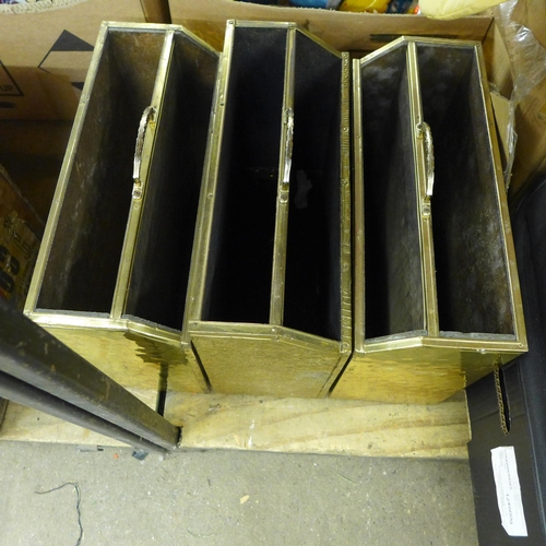 2386 - 3 Galvanised metal mop buckets, 3 brass paper racks, qty. of metalware inc. trays, teapots, dishes, ... 