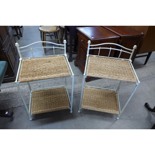 164 - A pair of Italian style cream metal and woven two tier night stands