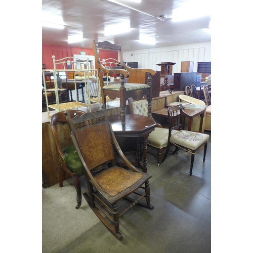 195 - A late Victorian walnut octagonal occasional table and five assorted chairs