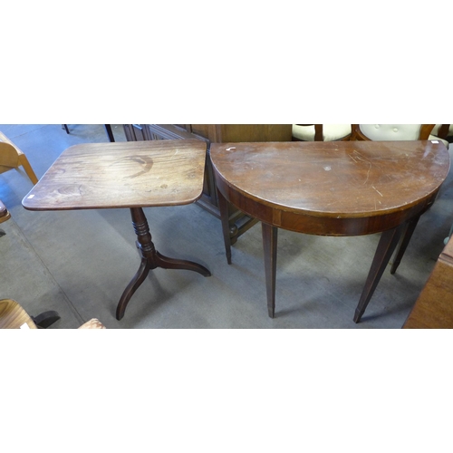 213 - A George IV mahogany drop-leaf dining table, a demi-lune side table and a tripod table