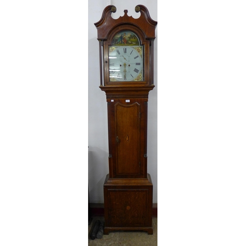 232 - A 19th Century inlaid oak and mahogany 8-day longcase clock, the painted dial signed P. Jopling, Che... 