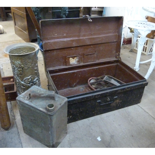 292 - A steel box, vintage pump, brass stickstand, etc.