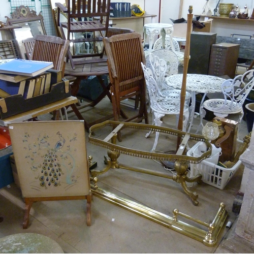 300 - Two table lamps, oil lamp, brass table base, fender, etc.