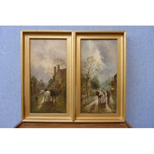 303 - W. Ailse Brook, pair of village street scenes with figures and horses, oil on canvas, dated 1919, fr... 