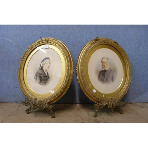 304 - G.R. Harris, pair of oval portraits, watercolour, on brass table easels