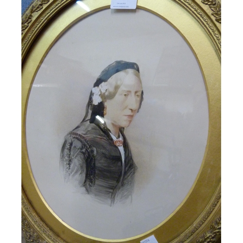 304 - G.R. Harris, pair of oval portraits, watercolour, on brass table easels