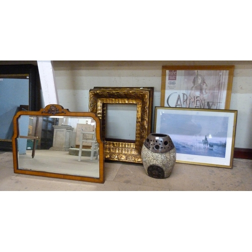 315 - A Queen Anne style walnut framed mirror, a gilt picture frame, a studio pottery vase, etc.