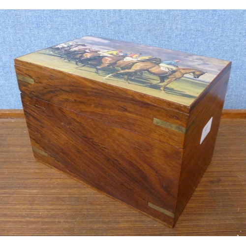 327 - A brass mounted teak box, with decorative horse racing scene to lid