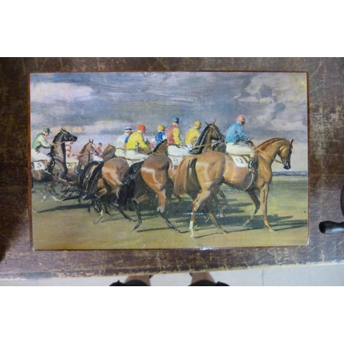 327 - A brass mounted teak box, with decorative horse racing scene to lid