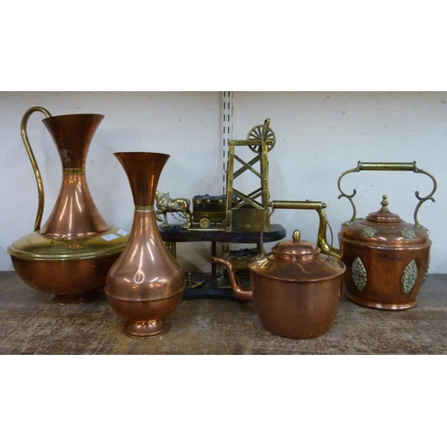 329 - Assorted copper and brassware, including; jugs, mining items, etc.