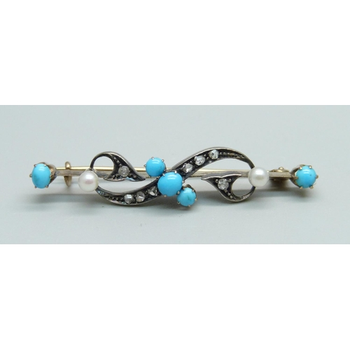 1009 - A diamond, turquoise and pearl set brooch set in yellow metal, (tests as gold), 3.9g