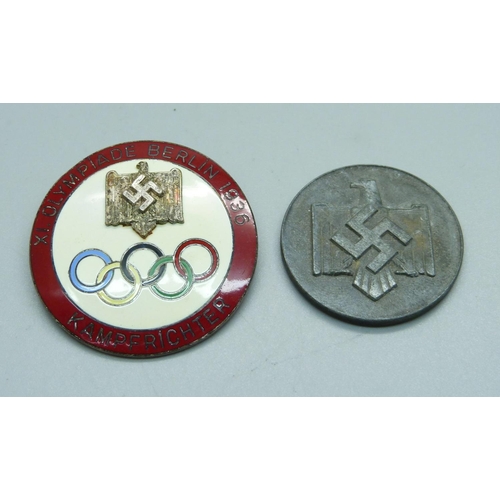 1015 - A German Third Reich 1936 Berlin Olympic Games badge and a medallion marked 1942