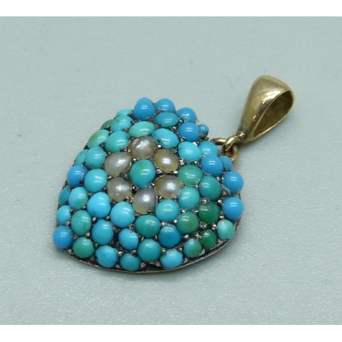 1020 - A Victorian turquoise and pearl pendant, (silver setting, gold back), 14mm wide