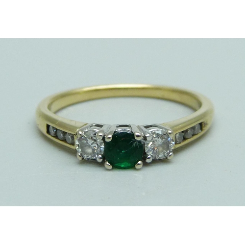 1039 - An 18ct gold, emerald and diamond ring, 3.2g, N