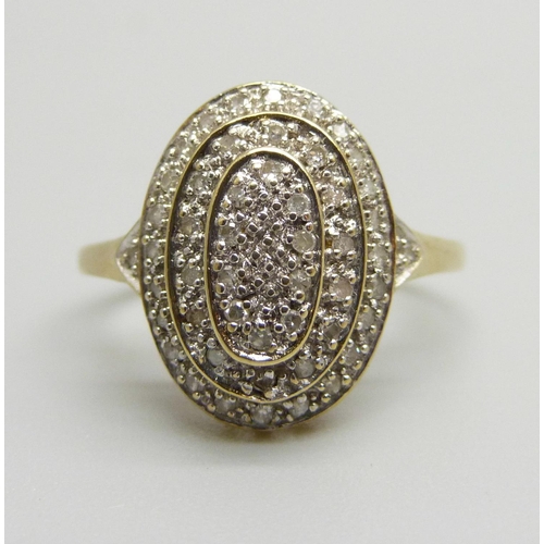 1049 - A 9ct gold and diamond cluster ring, approximately 50 stones, 3.2g, O