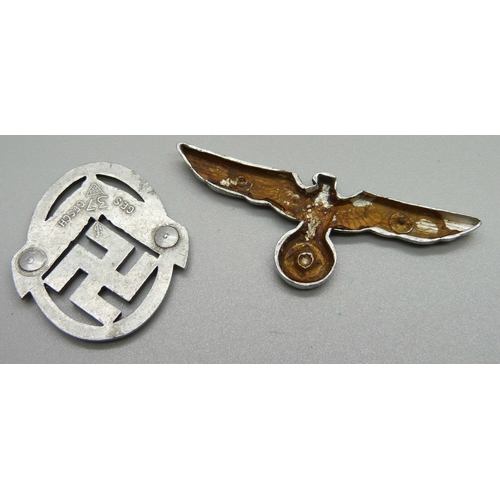 1060 - A German WWII period badge, female National labour-service and a winged badge, lacking pins