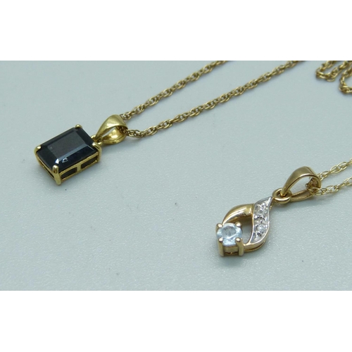 1079 - Two 9ct gold pendants, one 9ct gold chain and one gold plated chain